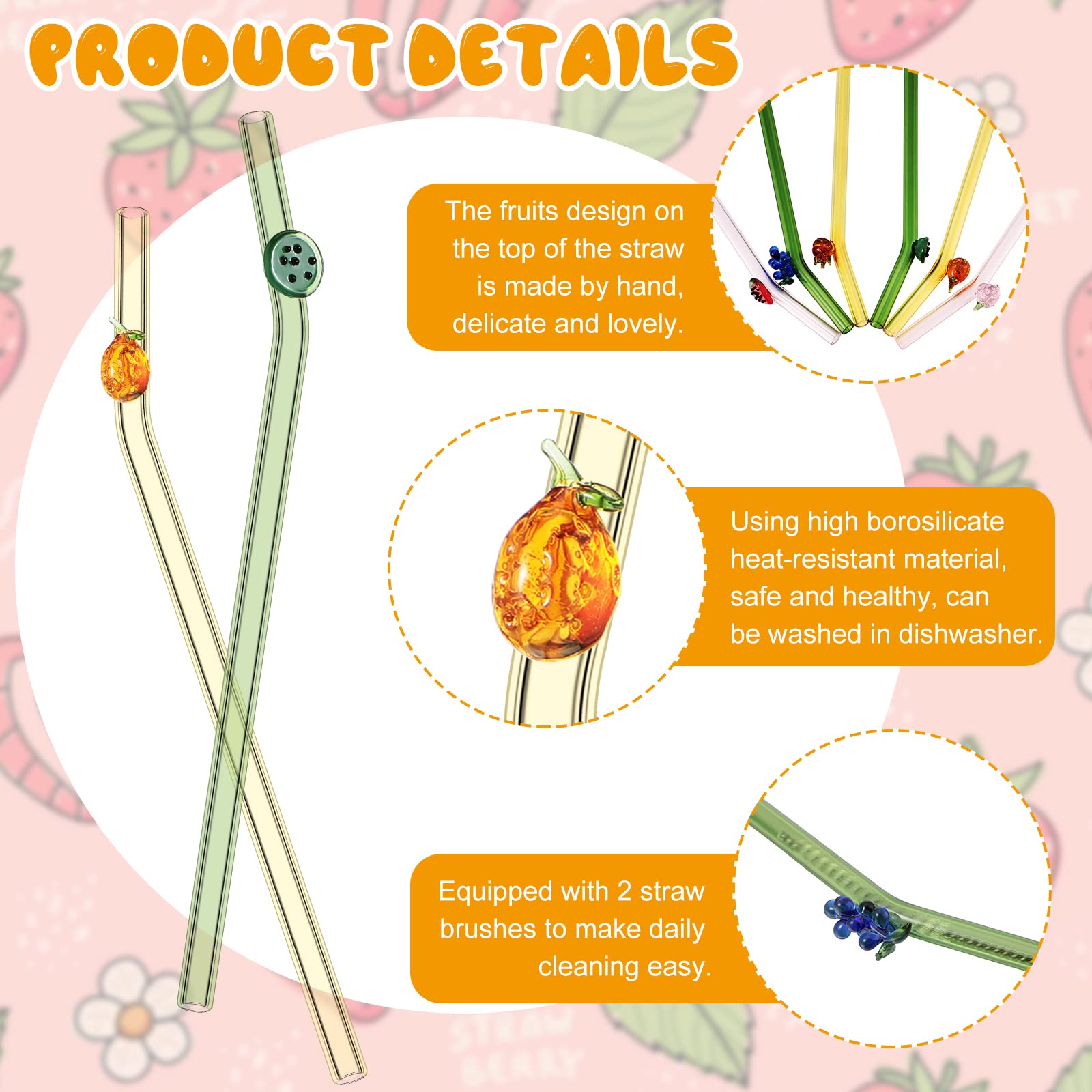 Queekay bend straw with kiwi pattern, easy to clean and reuse.