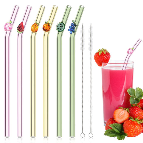 Queekay fruit glass straw with strawberry bend design, ideal for colorful summer beverages.
