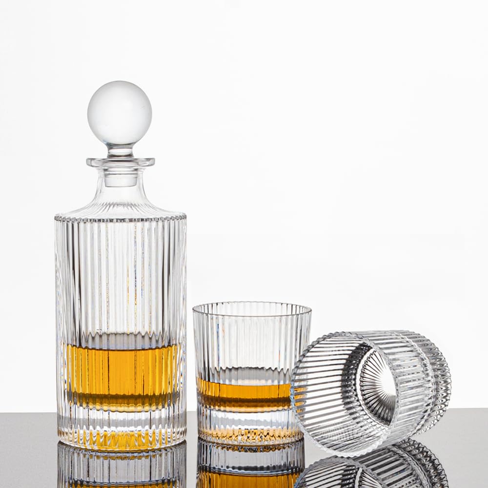 QUEEN&STONE LEAD FREE elegant ribbed decanter on a home bar enhances whiskey-wine service.