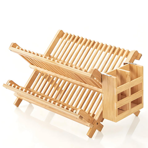 QUEENKAY two tier bamboo dish rack top view for organized drying
