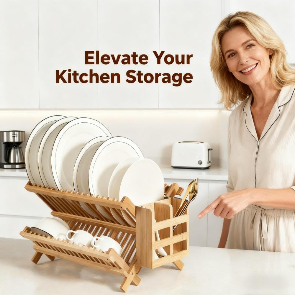 QUEENKAY two tier bamboo dish rack promotes air drying of plates and bowls