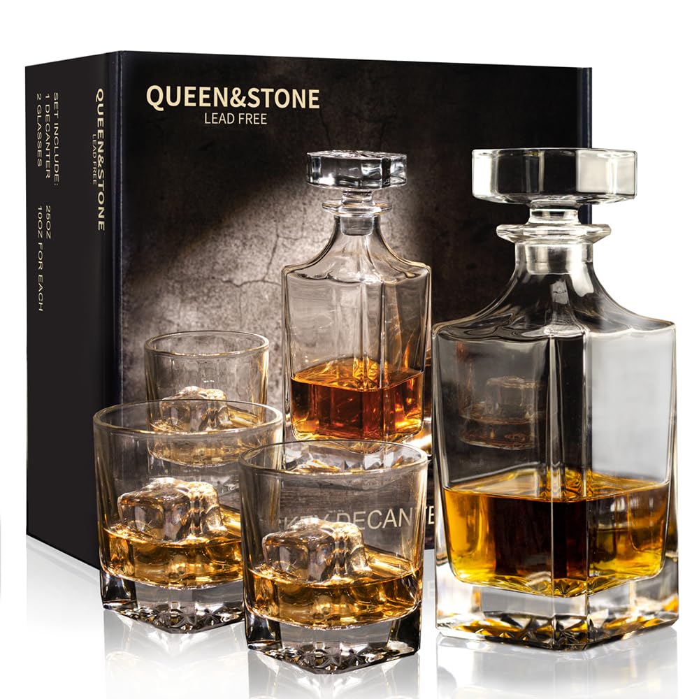 Queenstone Lead Free square 25oz decanter with glasses offers elegant pour and aroma preservation