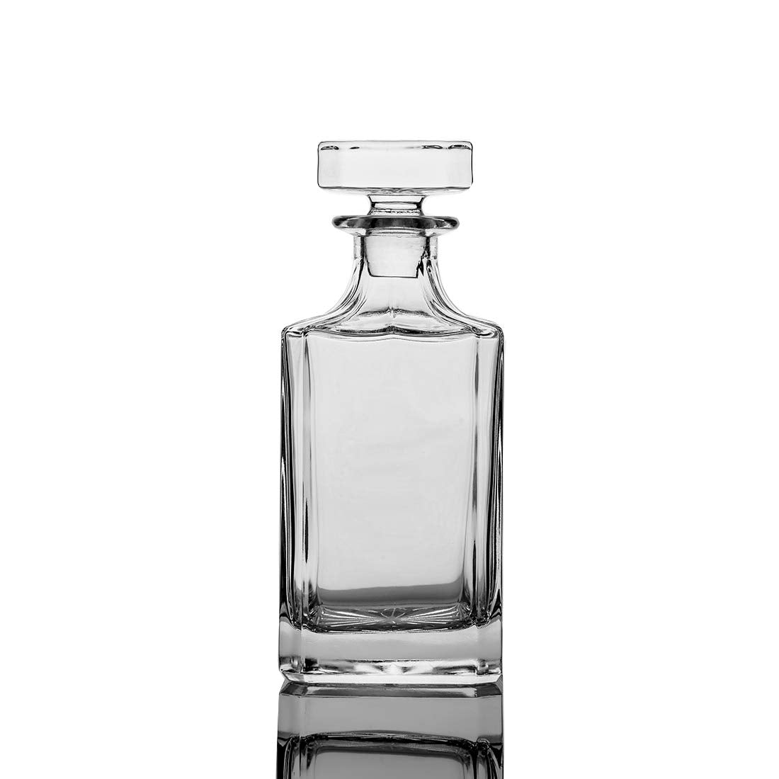 Queenstone square whiskey decanter with glass stopper enhances elegance in any bar setting