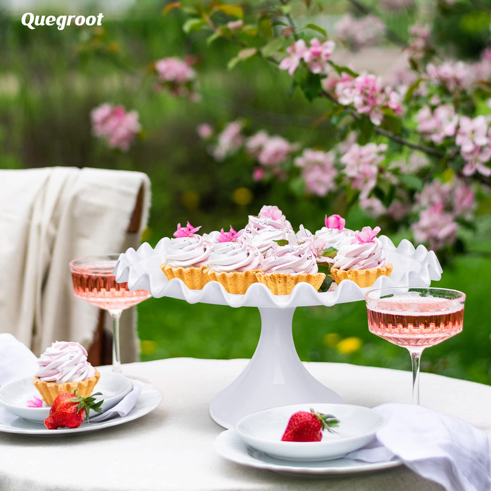 Quegroot cake stand with white wavy edge enhances dessert presentation
