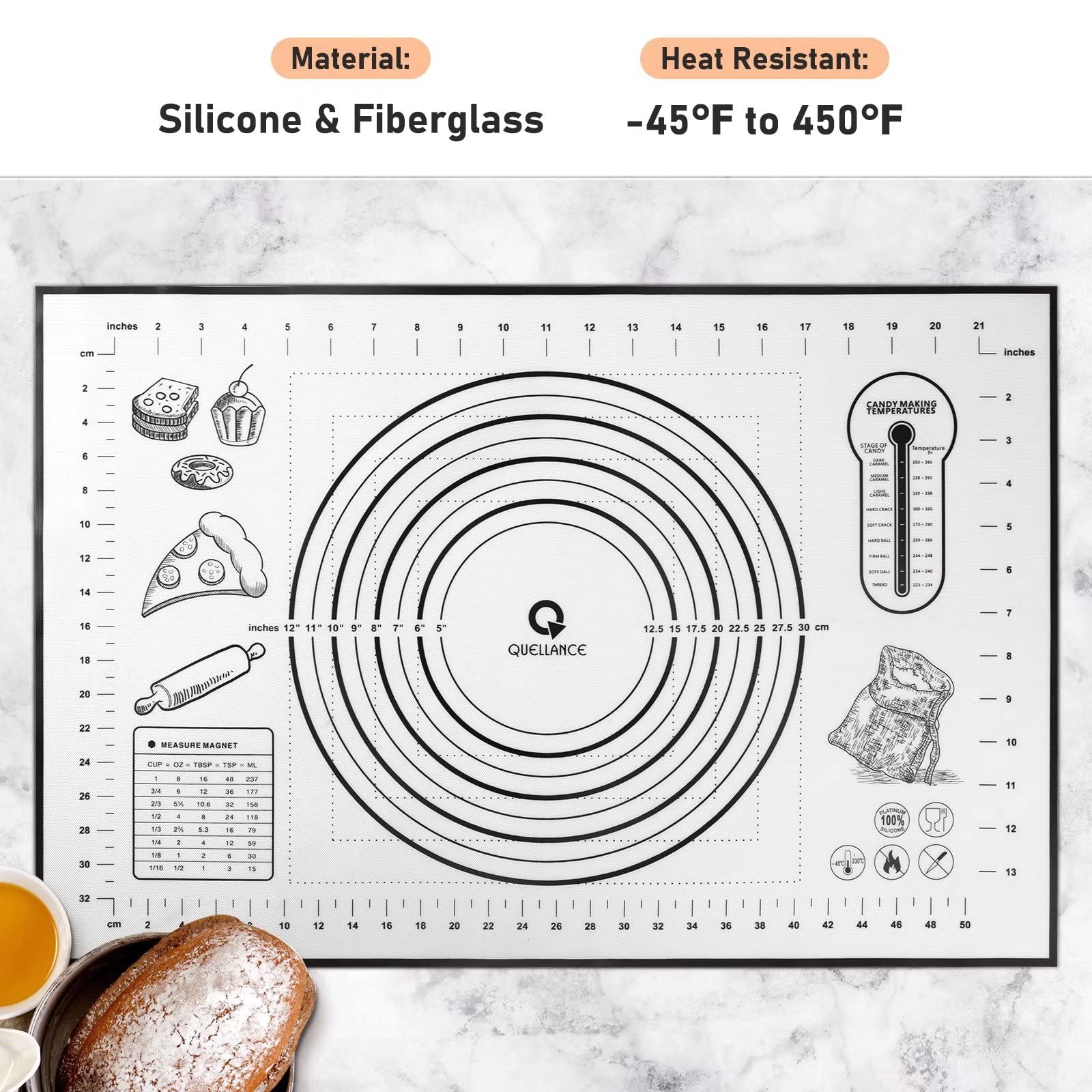 QUELLANCE measurement charts provide imperial and metric guides for dough sizing.