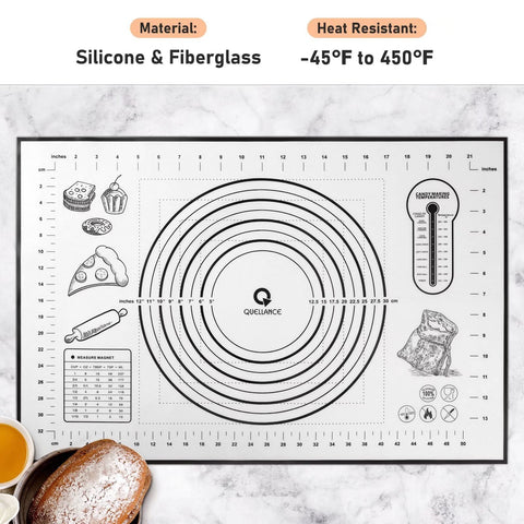QUELLANCE measurement charts provide imperial and metric guides for dough sizing.