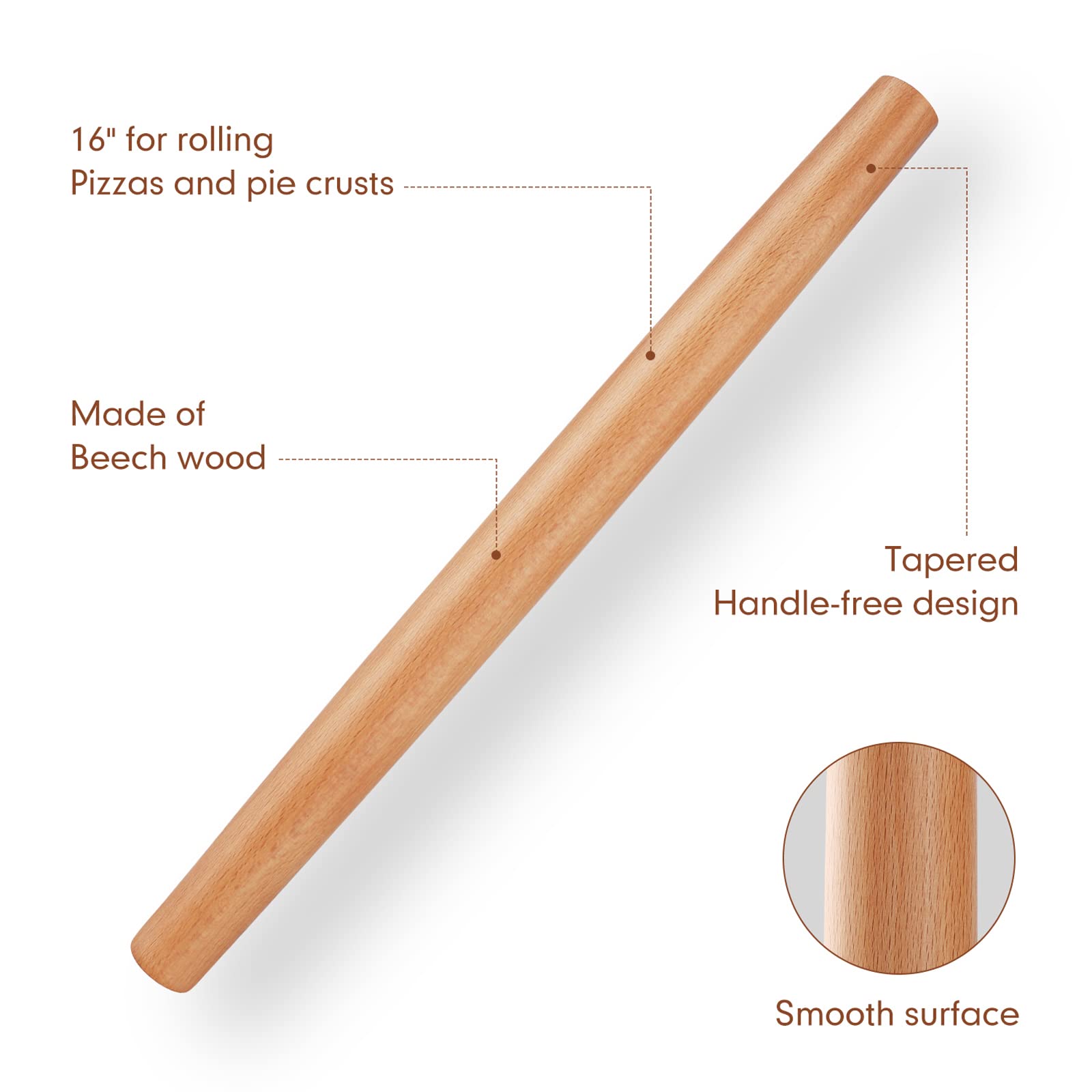 QUELLANCE beech wood rolling pin with tapered design for precise control.