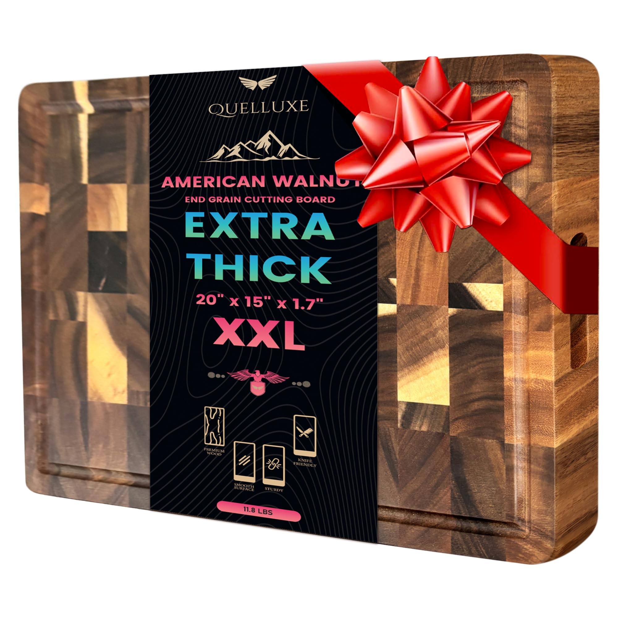 QUELLUXE walnut end grain cutting board top view with spacious prep surface