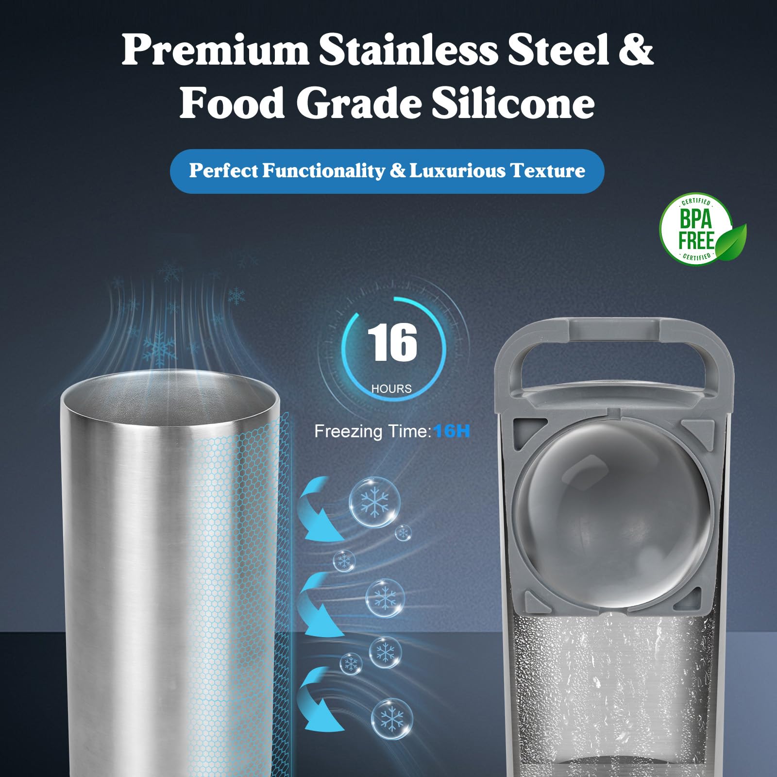 QueScxub stainless steel shell speeds freeze for overnight prep.