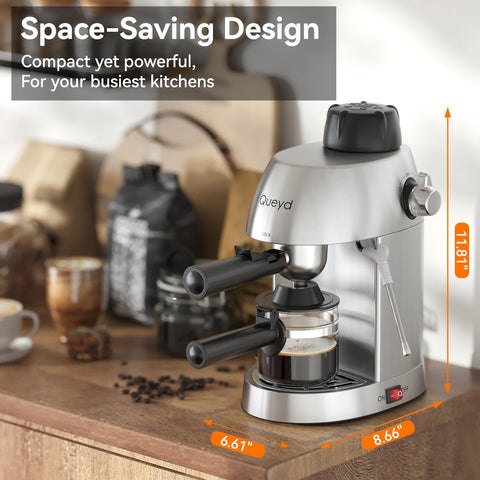 Queyd 270-degree swivel milk wand demonstrates versatile frothing for lattes.