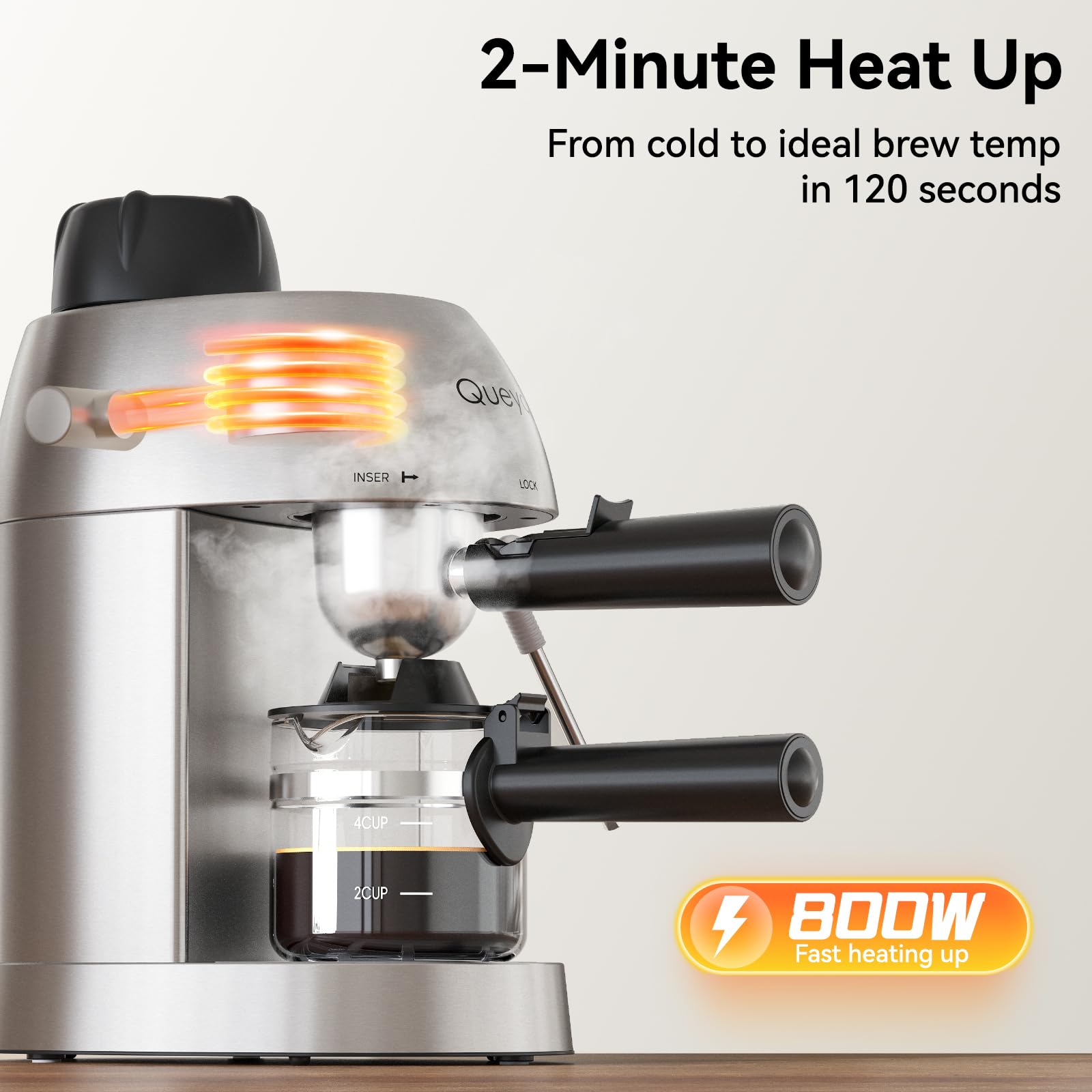 Queyd large water tank supports 2–4 cup batches for family mornings.