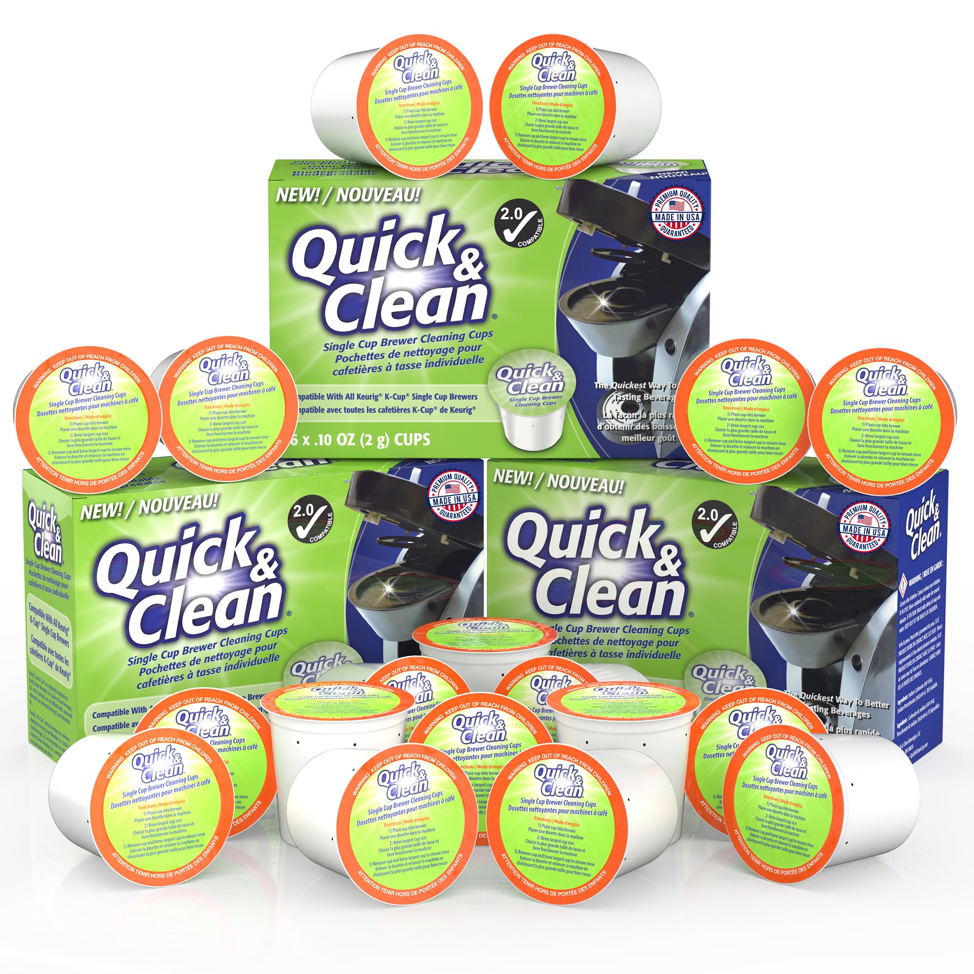 Quick & Clean 18-pack pods packaging for Keurig, restoring fresh coffee flavor.
