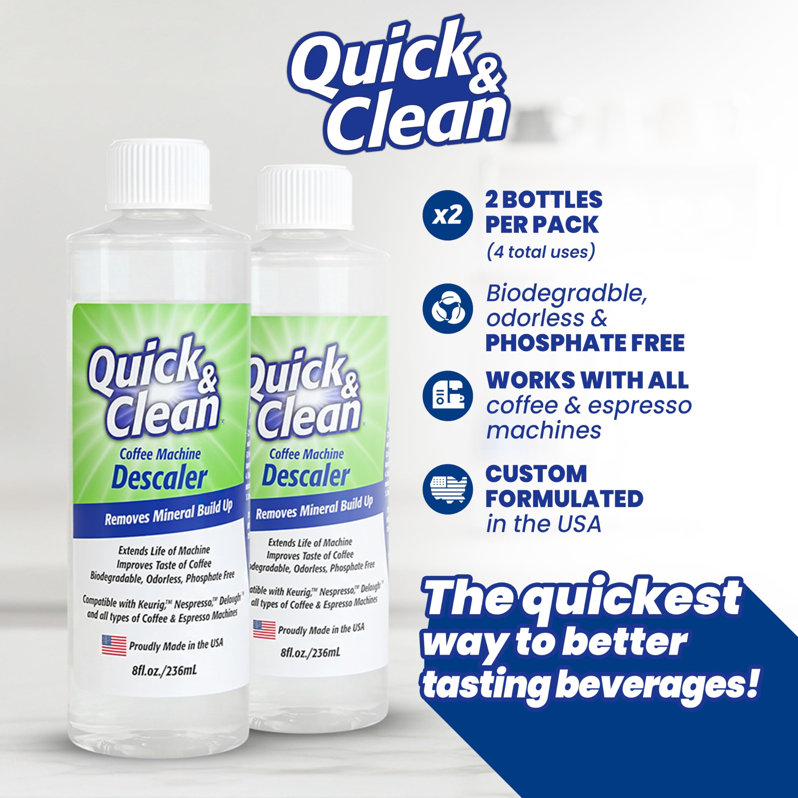 Quick & Clean descaler bottle label emphasizes USA-made quality and safety