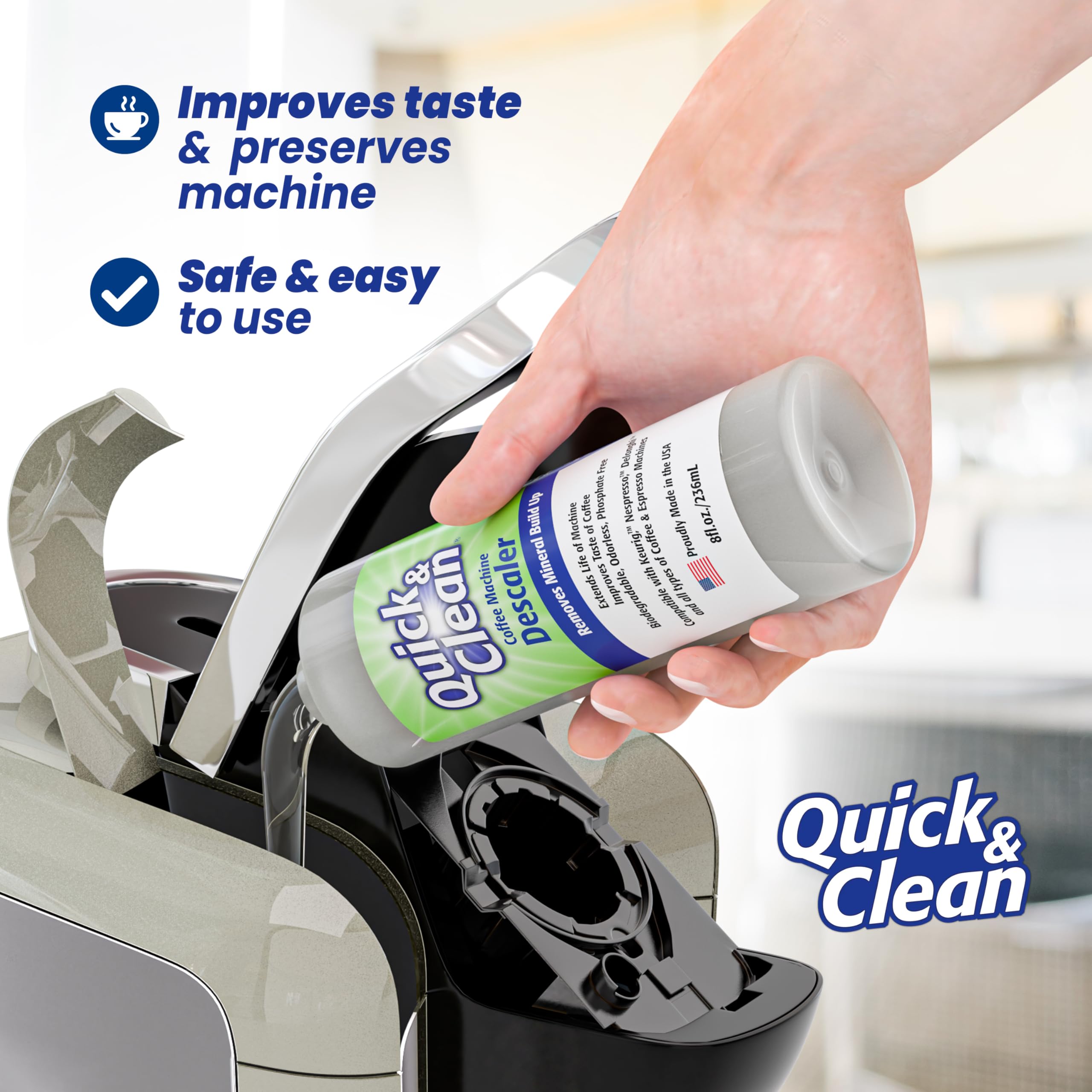 Quick & Clean descaler pack front view highlights the two-bottle value