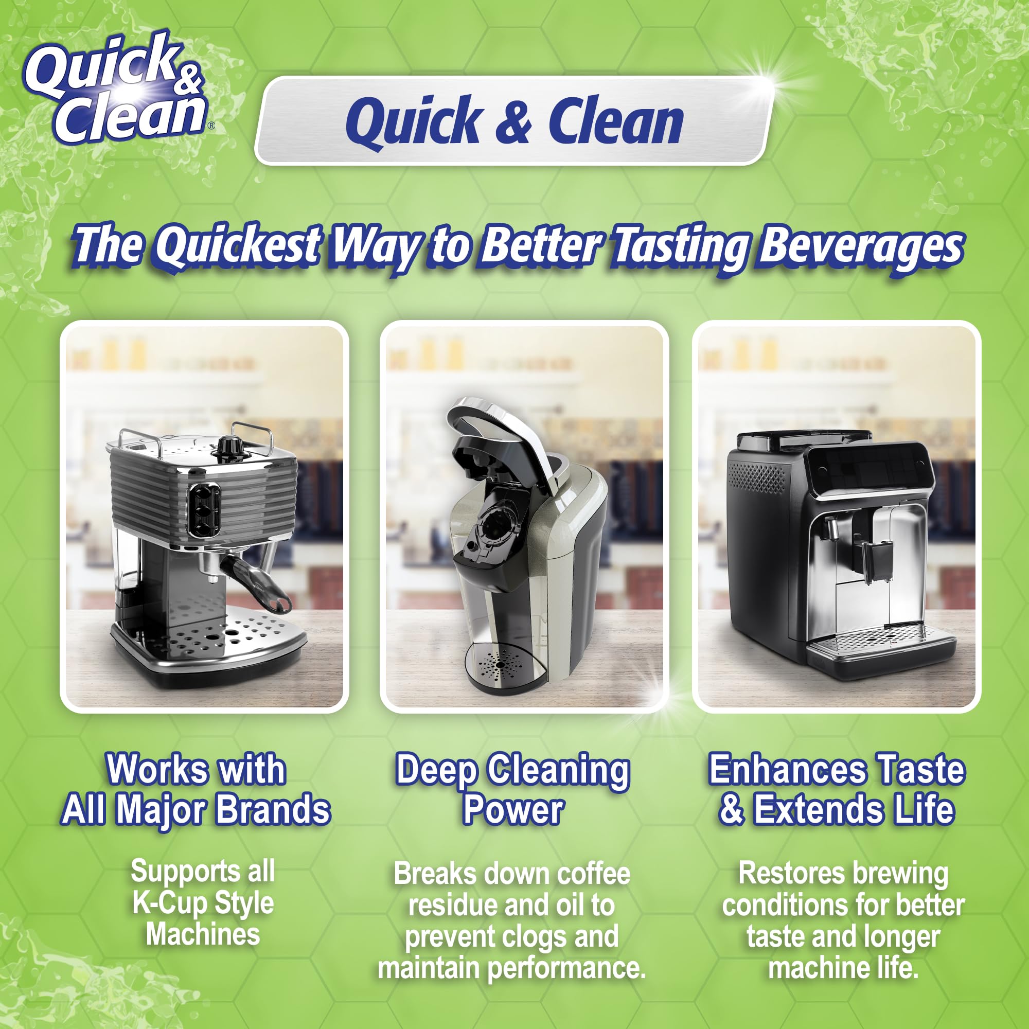 Quick & Clean K-Cup cleaner pod ready for brewing, removes stubborn residues.