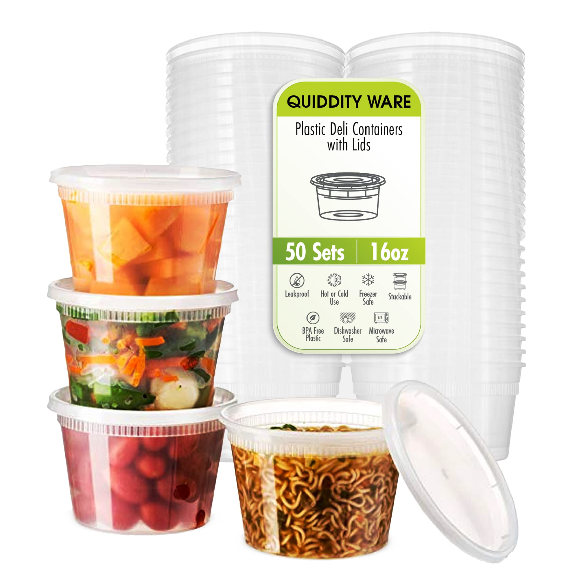 QUIDDITY WARE 16oz deli container with lid, clear and stackable for easy pantry organization.