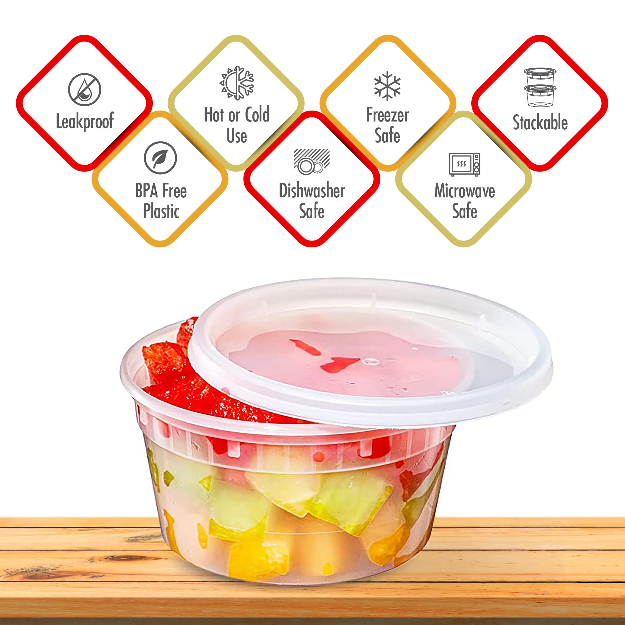 Leakproof lid on sturdy deli container prevents spills during transport.