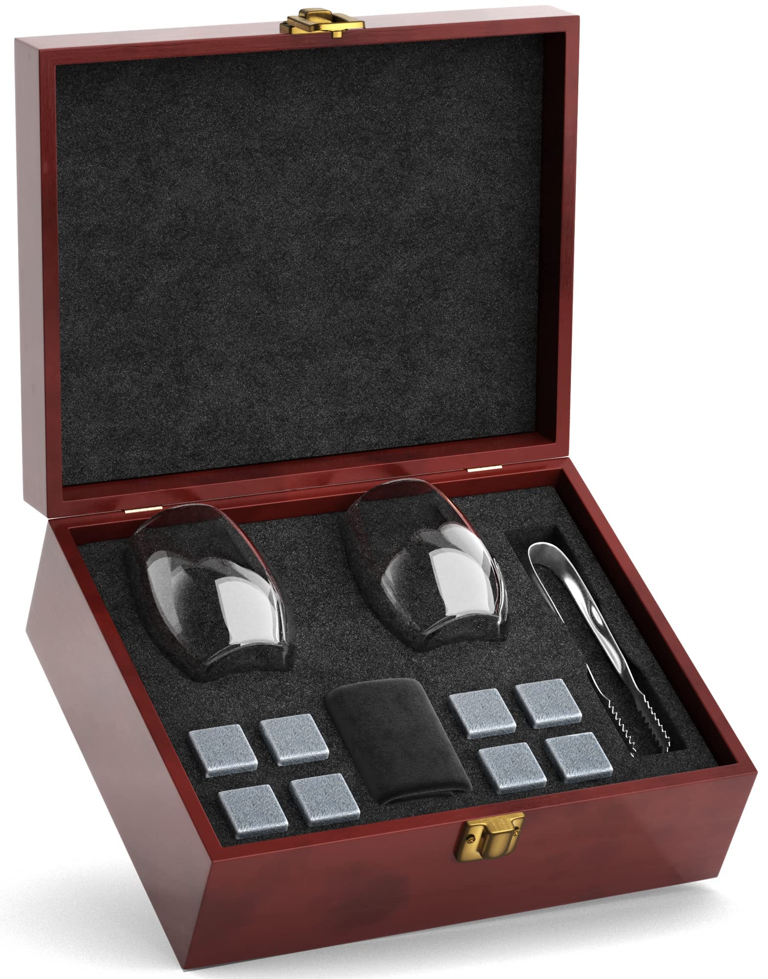 Quiseen premium chill rocks gift box opened showing a luxury whiskey gift set