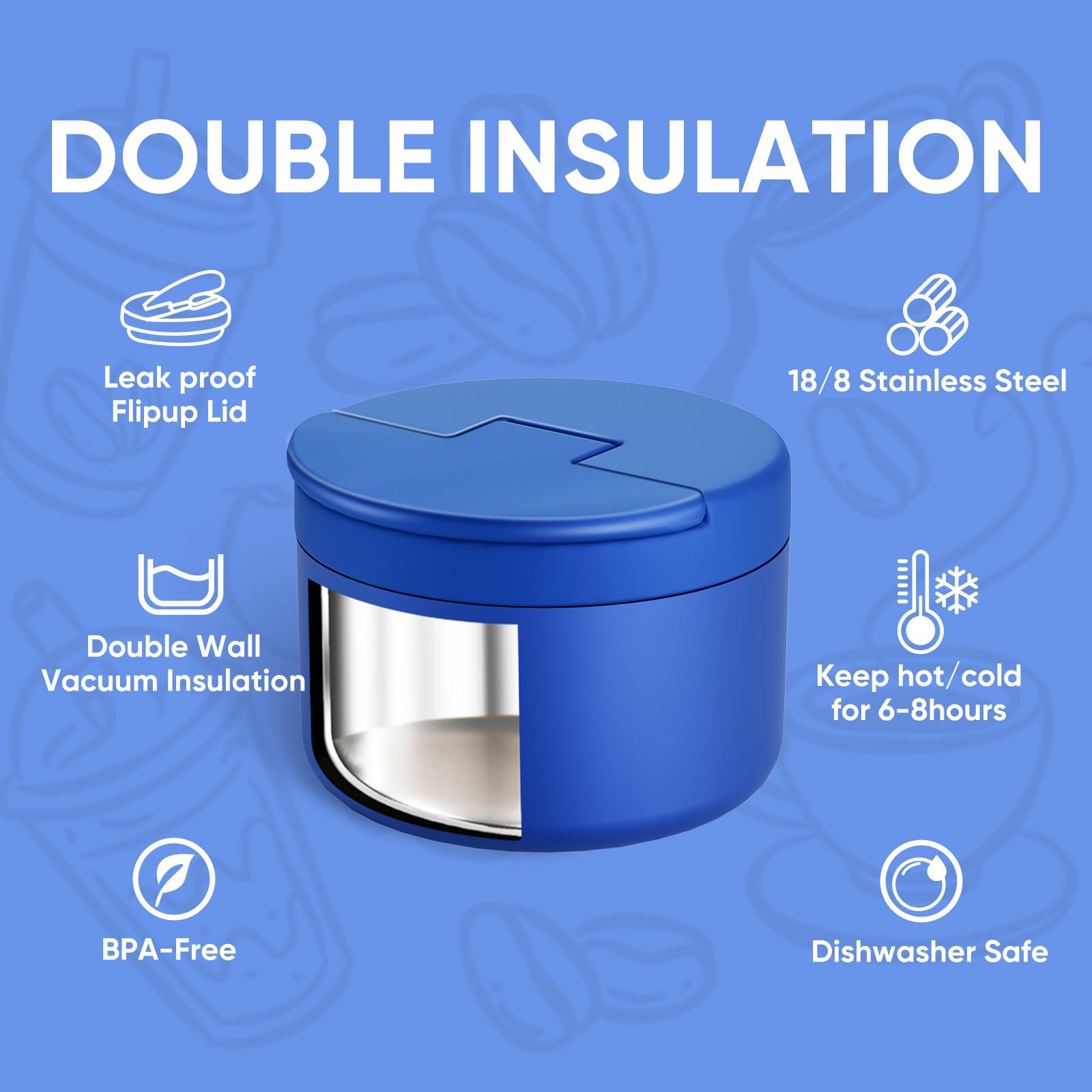 QUITES wide-mouth design in blue for easy filling and cleaning.