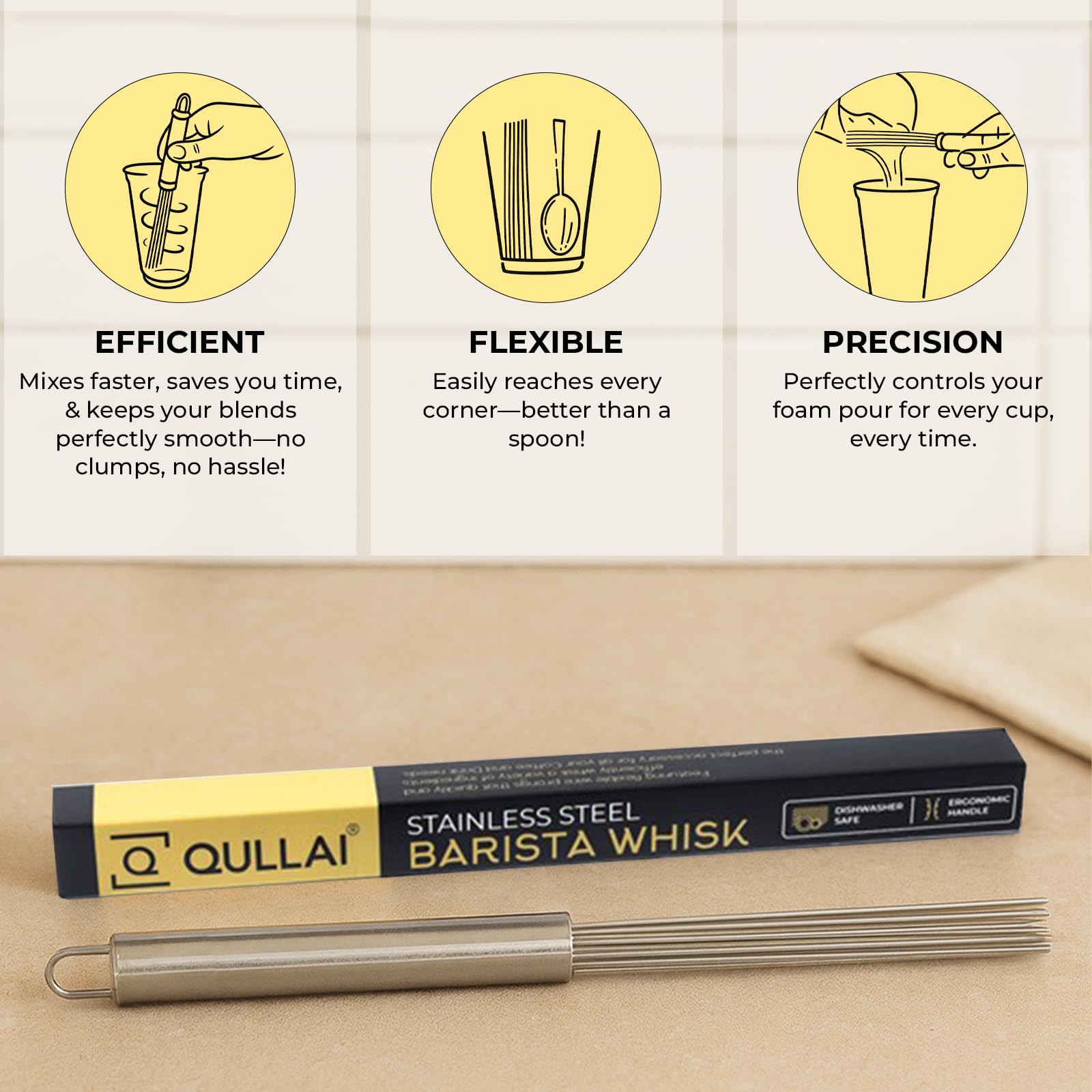 QULLAI Stanless Steel Whisk with ergonomic handle offers precise control for foaming.