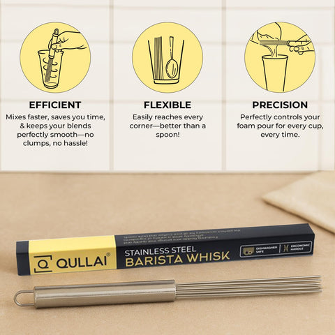 QULLAI Stanless Steel Whisk with ergonomic handle offers precise control for foaming.