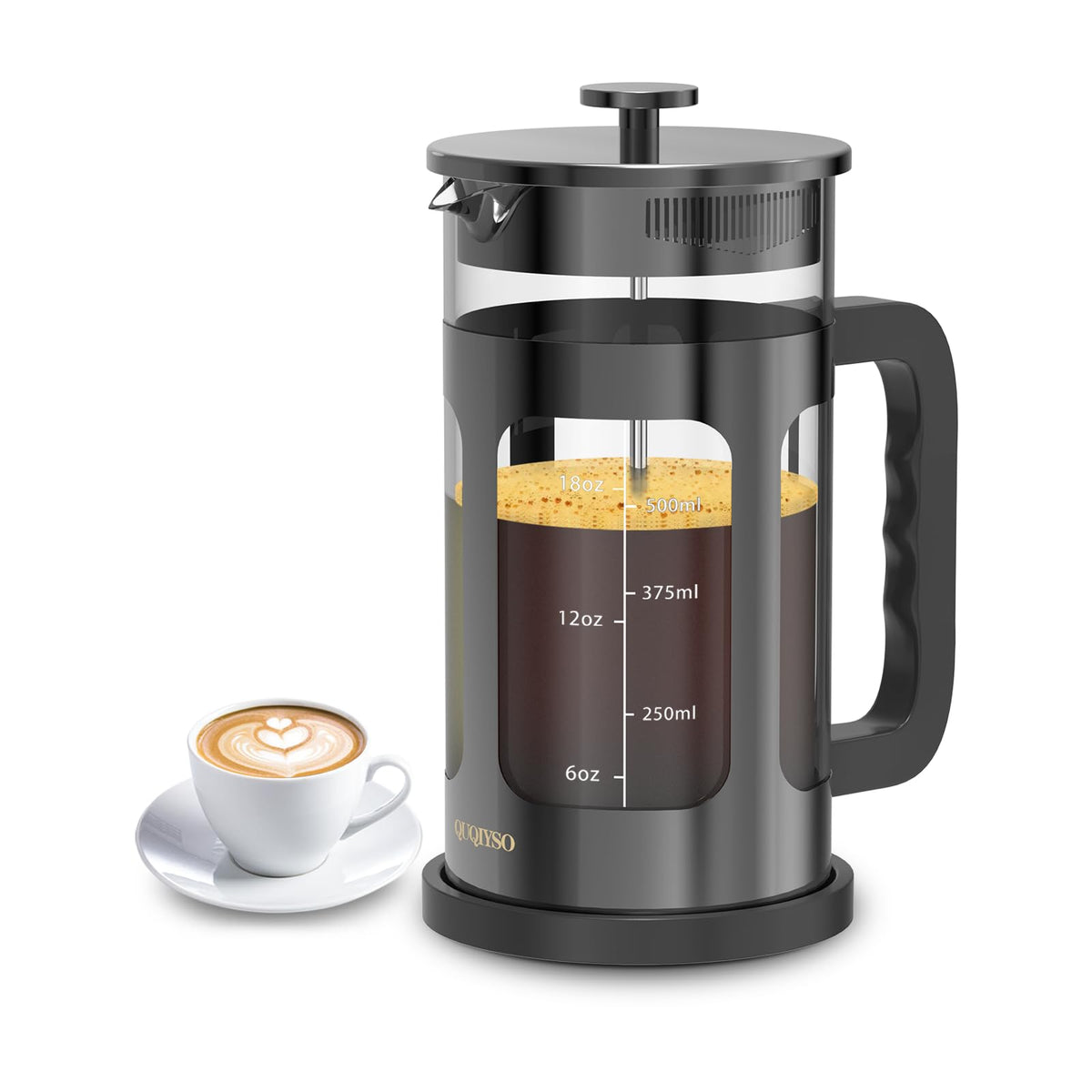 QUQIYSO French Press assembly with glass carafe and steel frame for premium brewing.