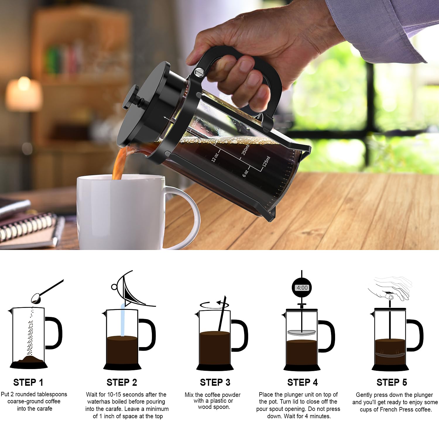 QUQIYSO French Press 21oz capacity ideal for two cups