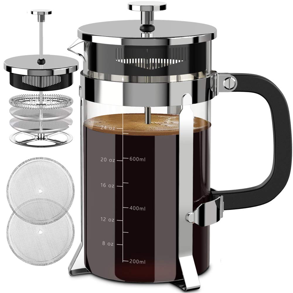 QUQIYSO French press 34oz capacity with clear borosilicate beaker for ample coffee.