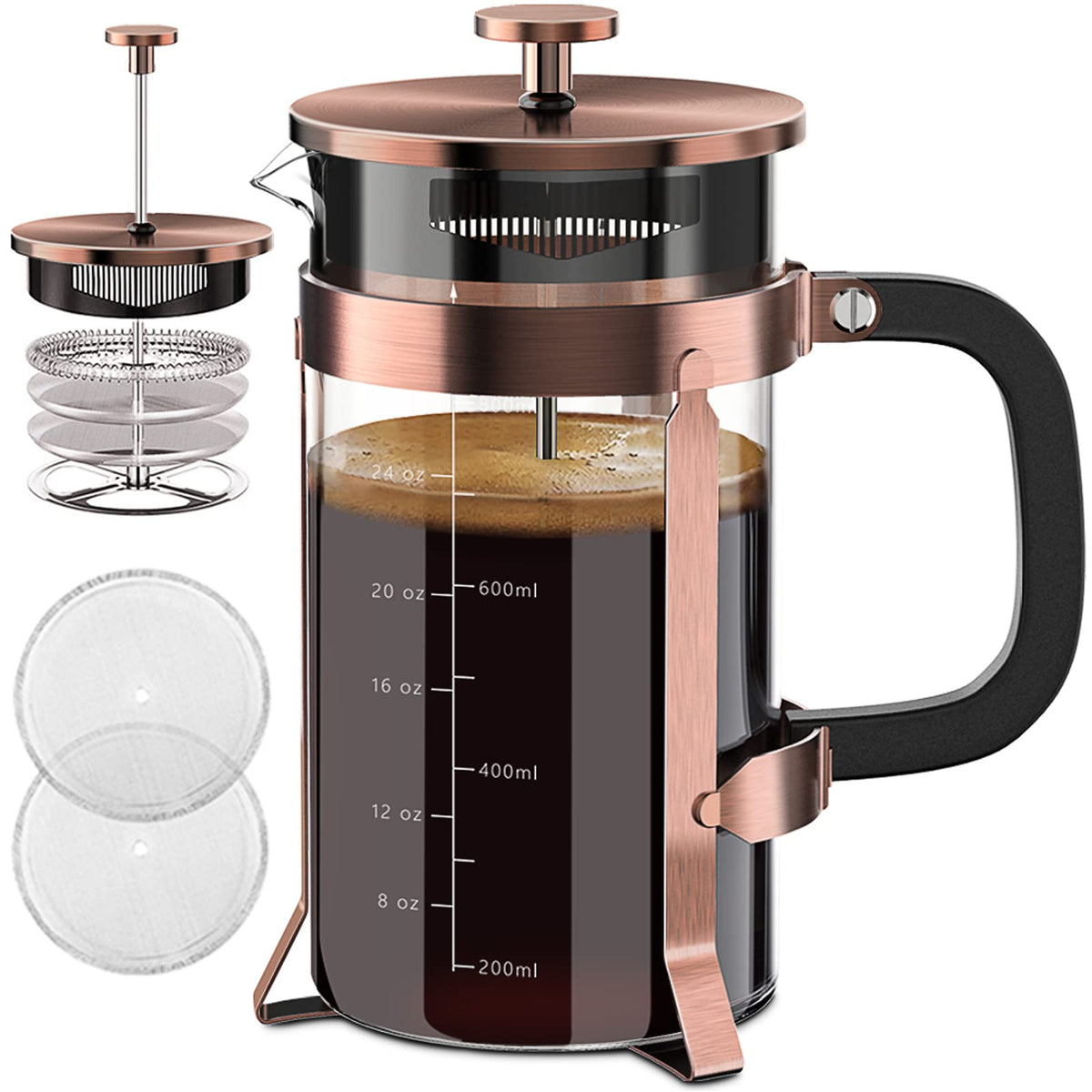 QUQIYSO French Press front view showing copper-toned stainless steel for rich coffee at home