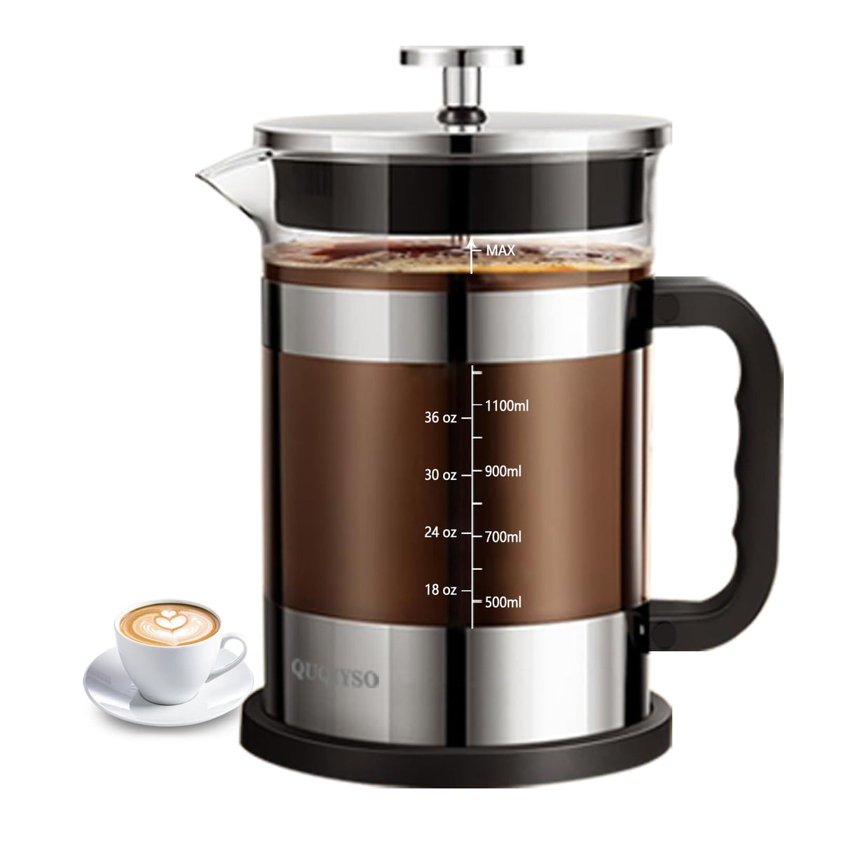 QUQIYSO French Press 51oz glass beaker showing clear brewing view and aroma cues