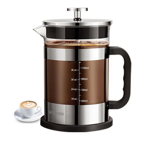 QUQIYSO French Press 51oz glass beaker showing clear brewing view and aroma cues