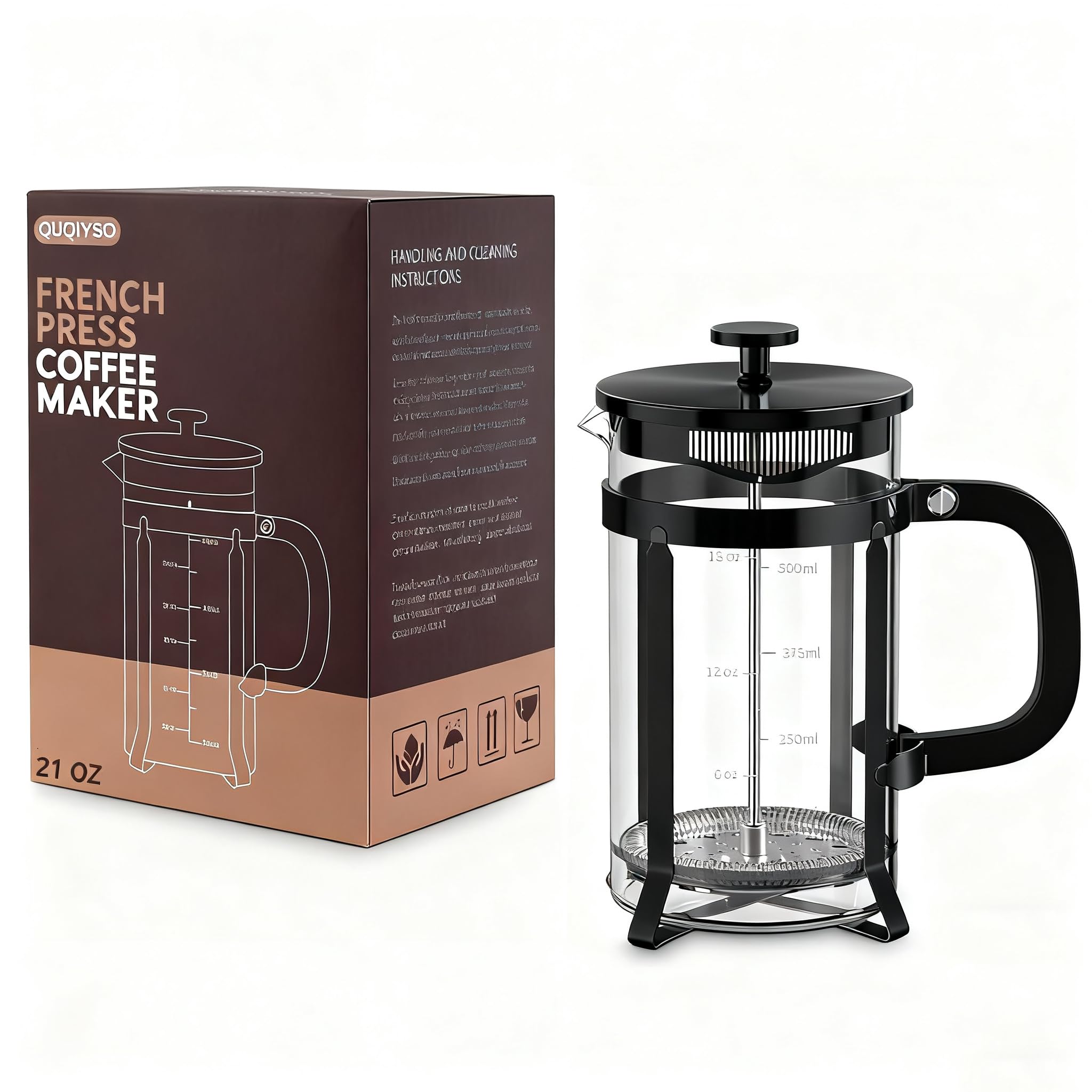 QUQIYSO French Press 80 mesh filter system reduces grounds for cleaner cups