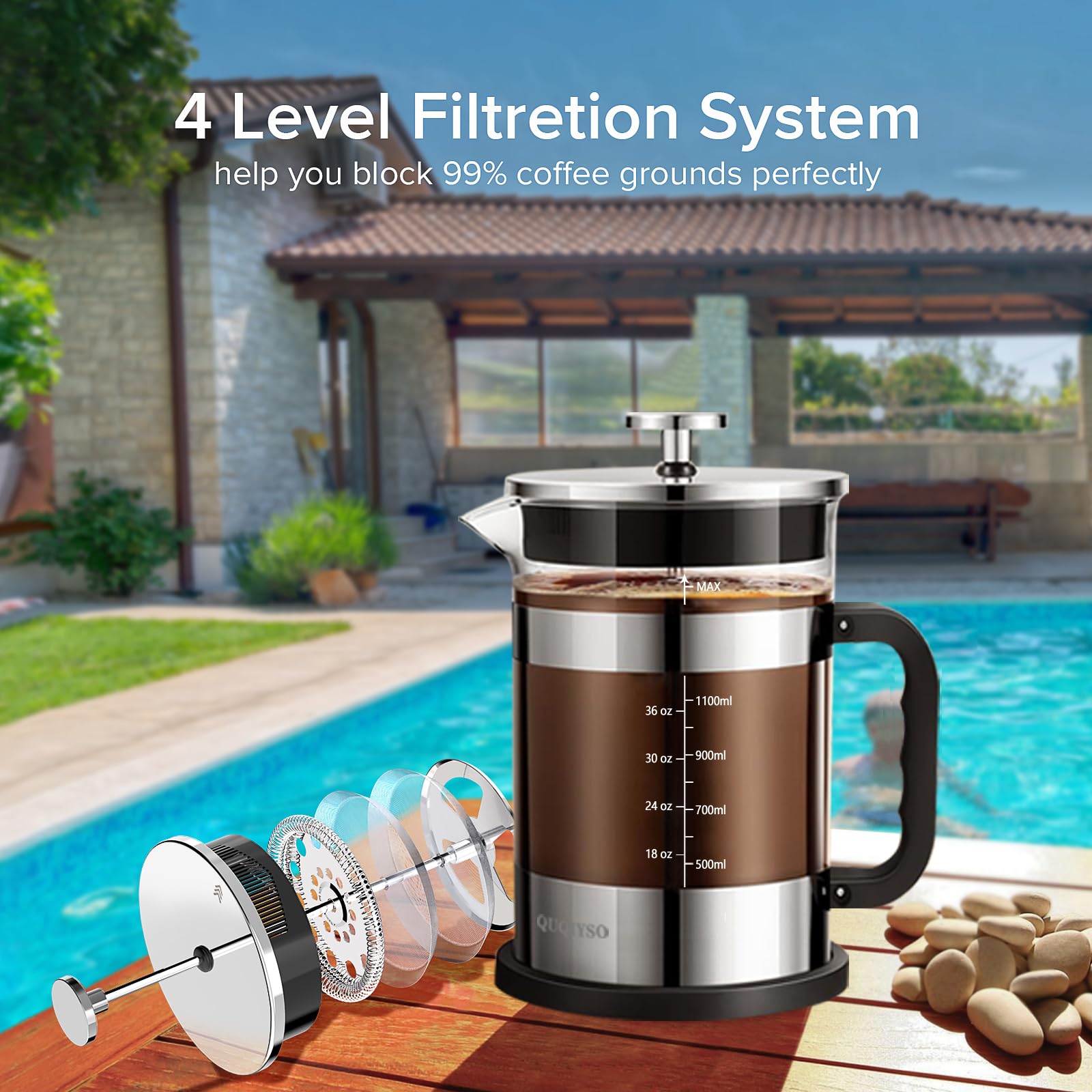 QUQIYSO French Press borosilicate glass body with heat resistance