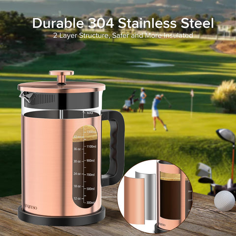 QUQIYSO French Press filter system close-up highlighting the filtering action