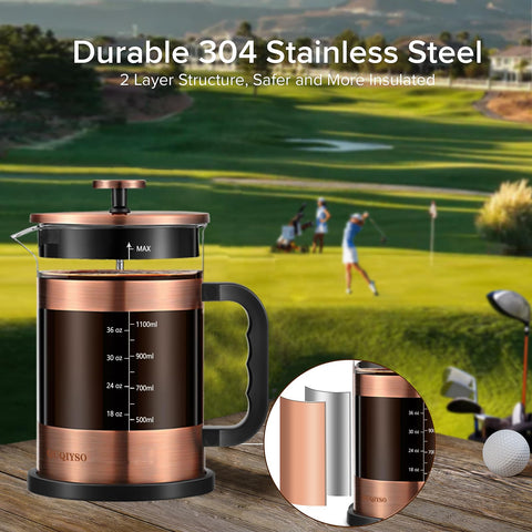 QUQIYSO French Press heat-resistant handle offers safe pouring and comfortable grip.
