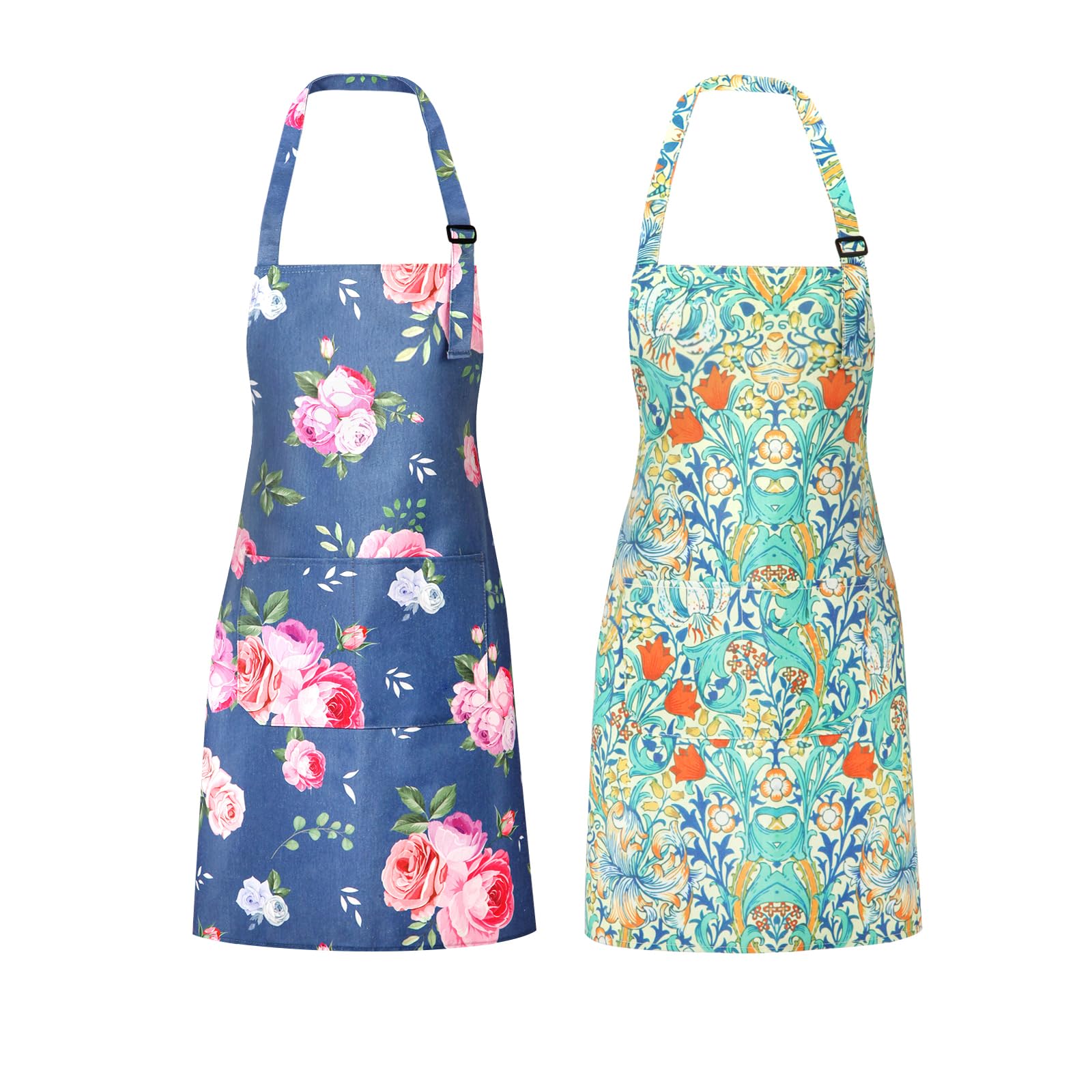 QuQuRuan floral apron front view in blue and red with pockets for easy cooking.