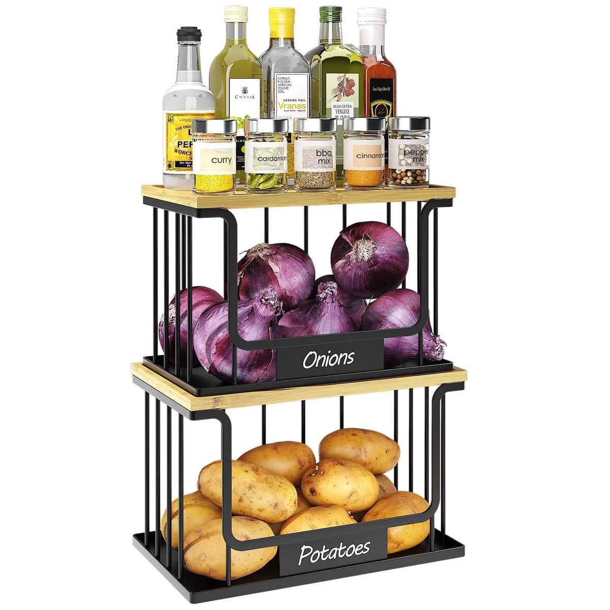 Quszmd potato bin with bamboo top keeps produce organized and accessible.