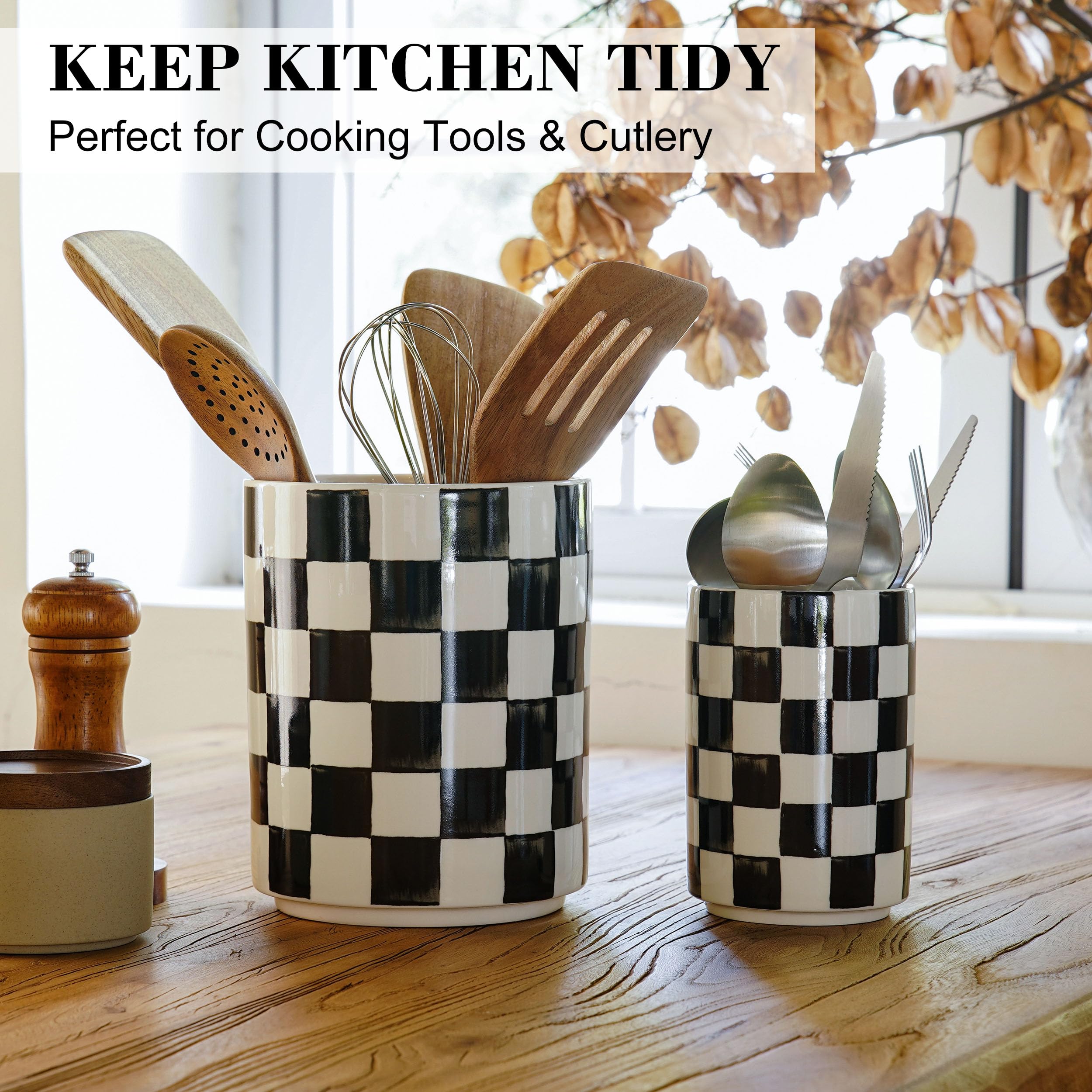 Quuavio Checkered Utensil Holder large with utensils for ready access