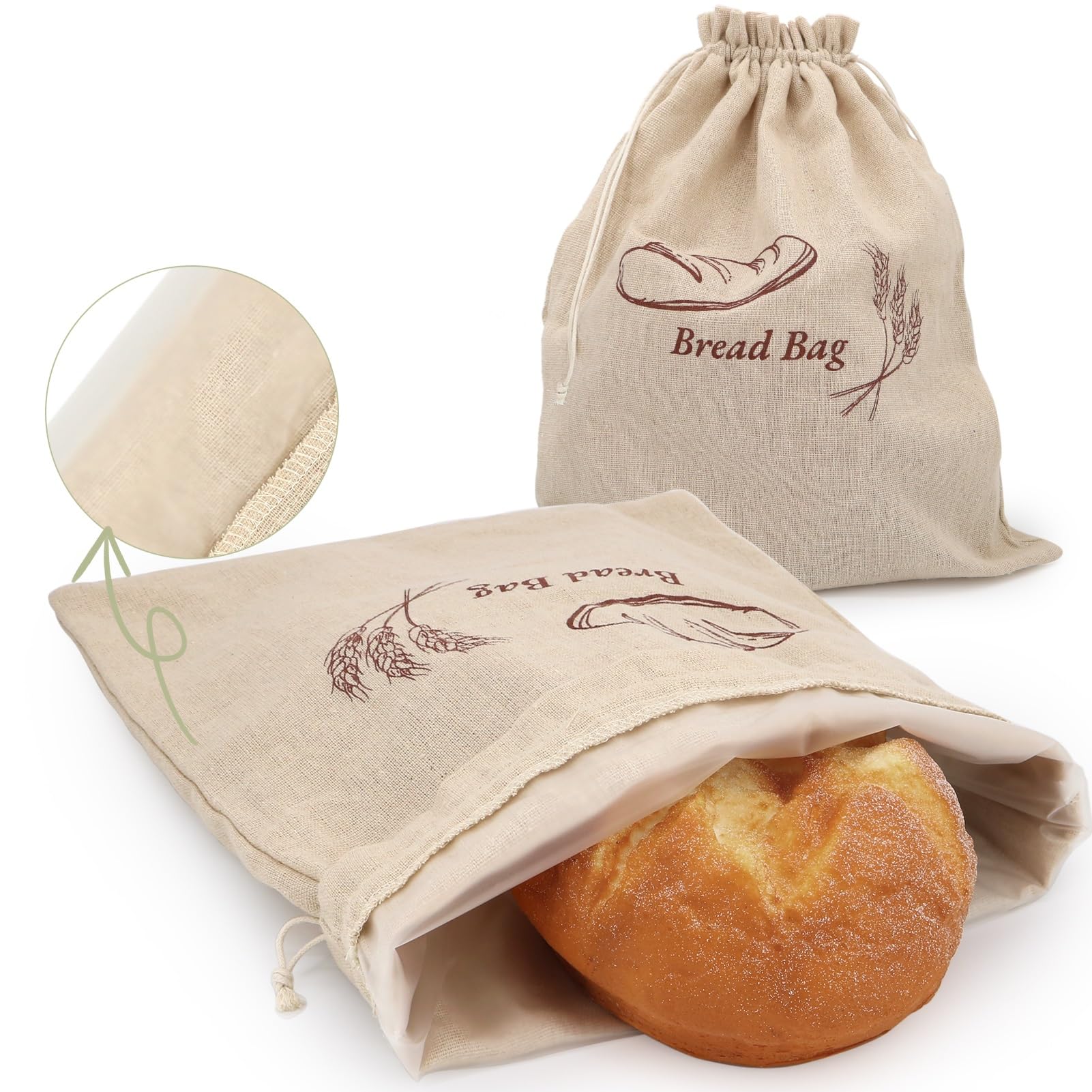 QUYANGCHIFENG 2-pack linen bread bags ready for fresh bread storage.