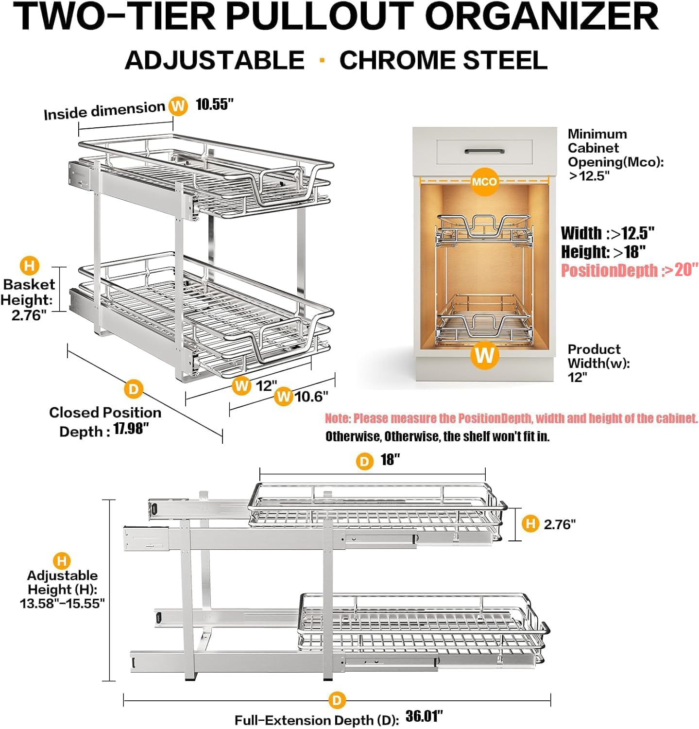 QUYUWU 2-tier pull-out organizer side view showing smooth glide.