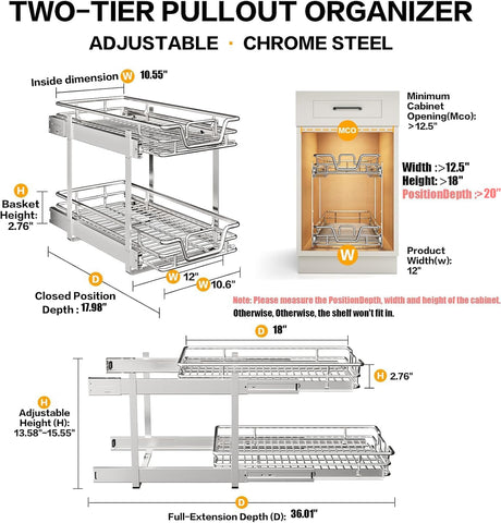 QUYUWU 2-tier pull-out organizer side view showing smooth glide.