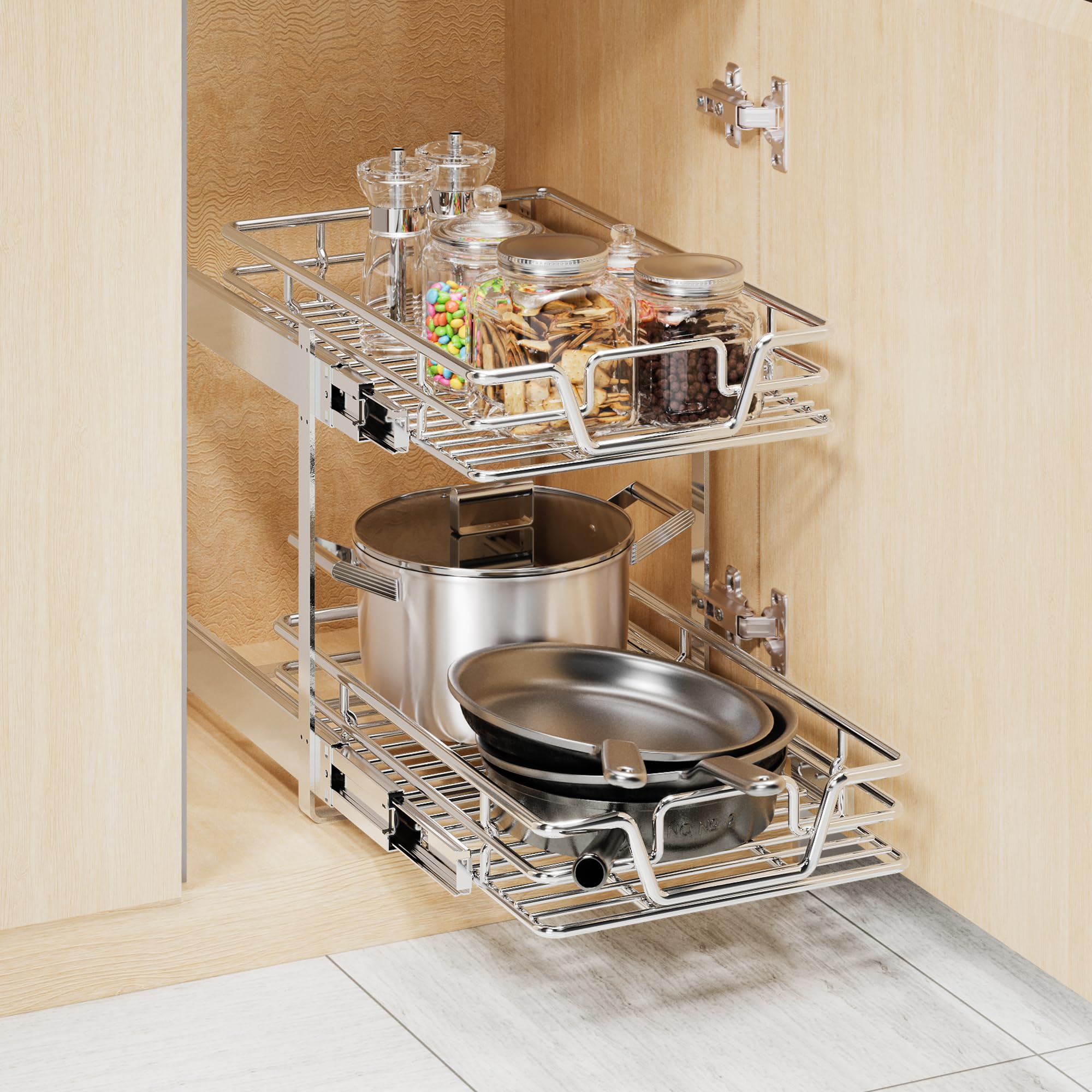 QUYUWU pull-out shelf for pots and pans maximizes deep cabinet space.