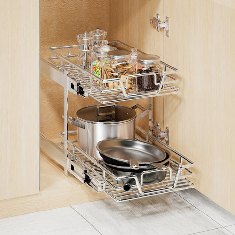 QUYUWU pull-out shelf for pots and pans maximizes deep cabinet space.