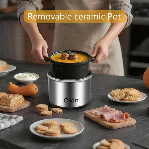 Qvin 0.65qt cheese dip warmer preserves smooth texture during parties.