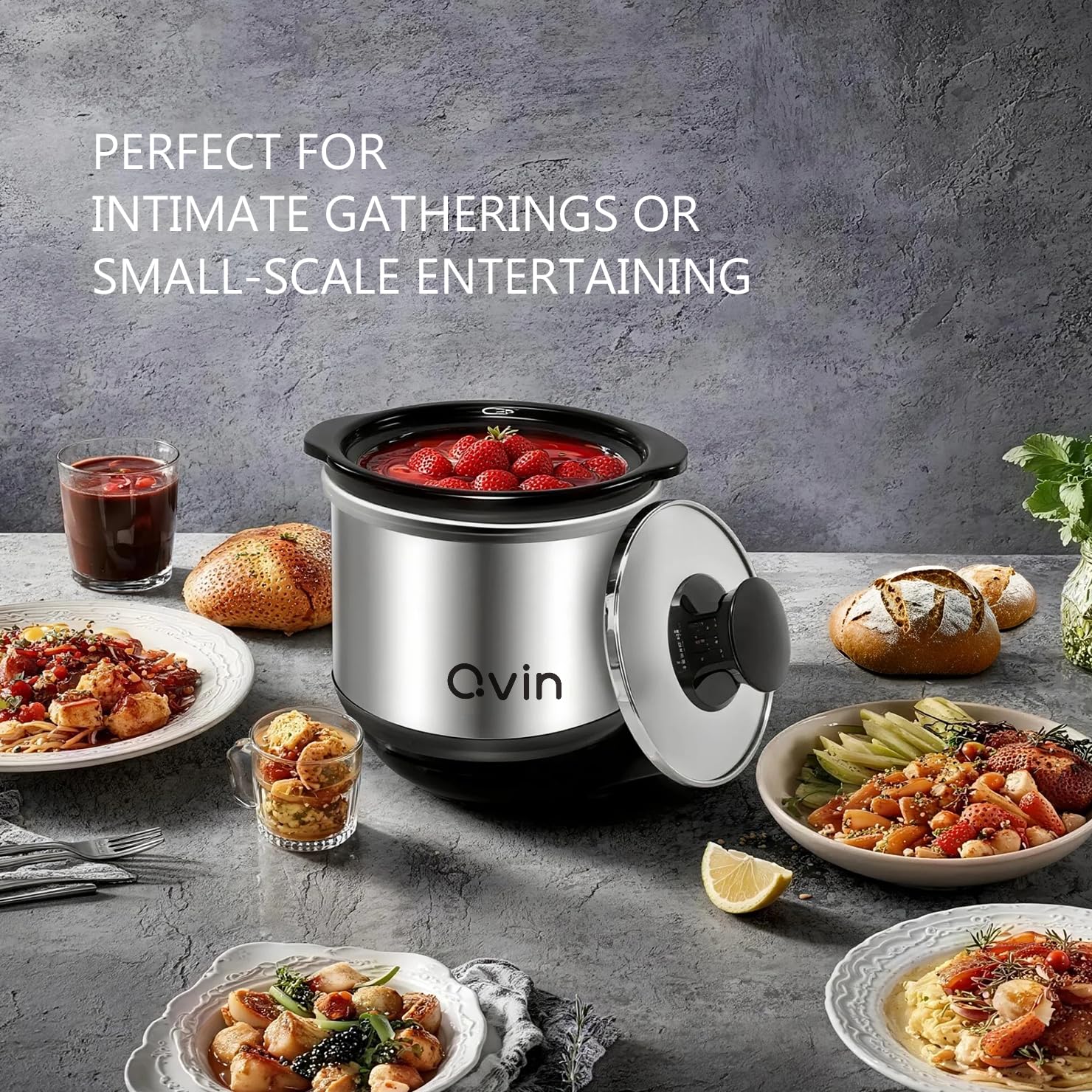 Qvin mini slow cooker with glass lid showcases compact design for small kitchens.