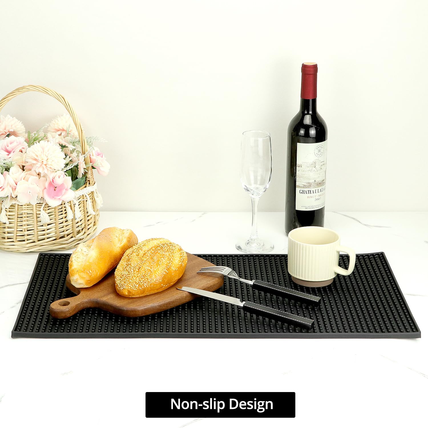 QWORK mat features recessed surface for secure glass placement