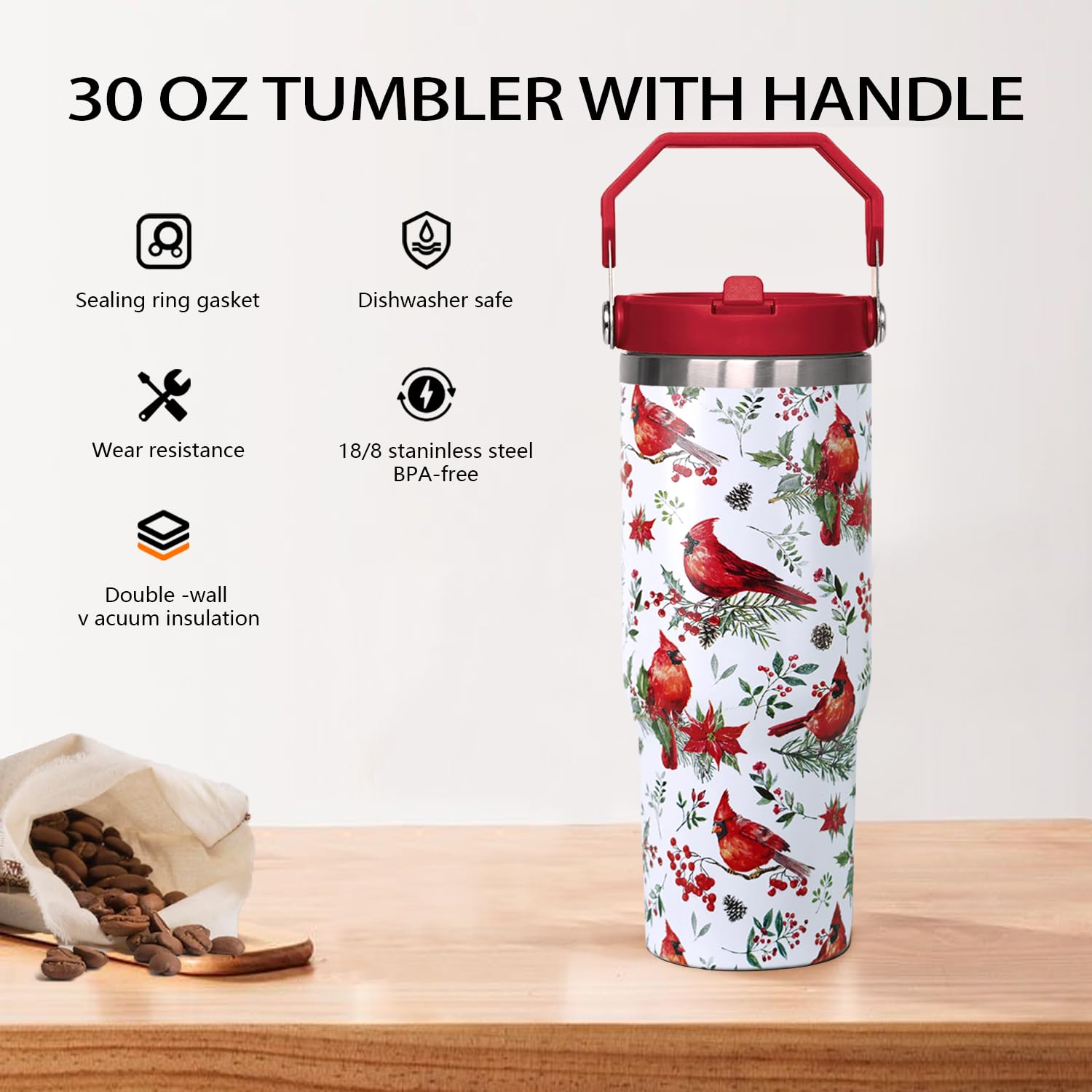qwpmvhsak red cardinal travel mug with double insulation for hot or cold drinks.