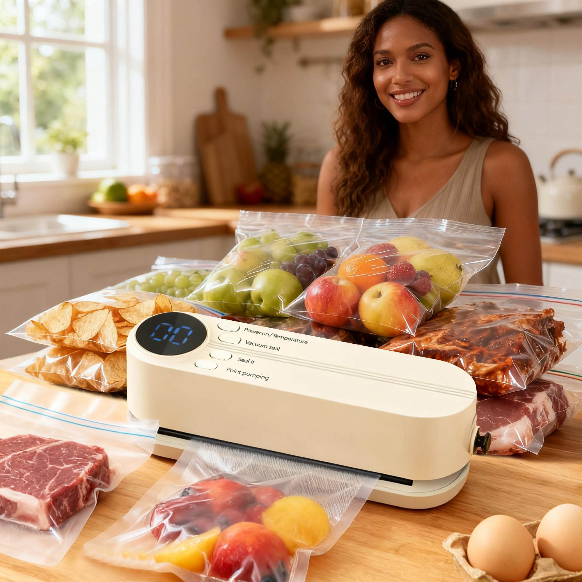 QWUE 60kPa suction seals foods quickly and efficiently.