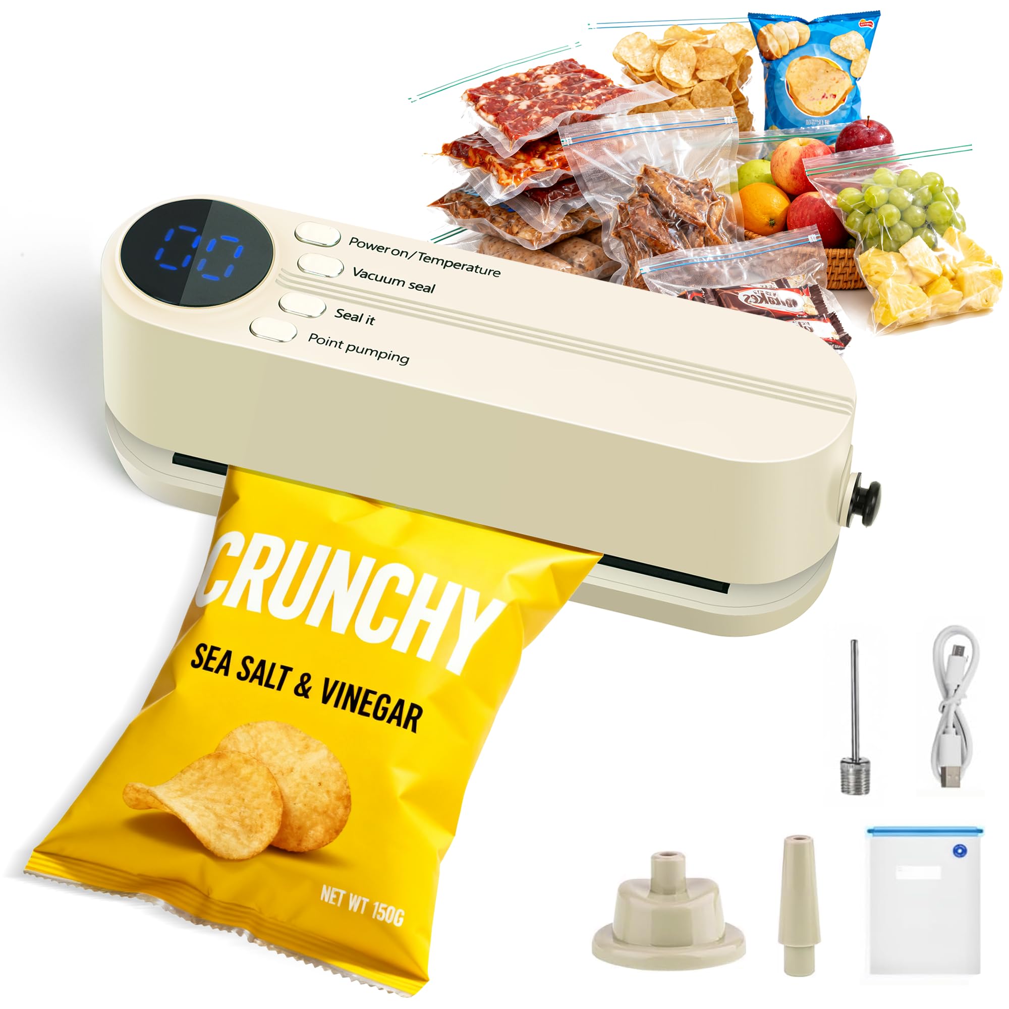 QWUE vacuum sealer mini compact on counter for easy storage.