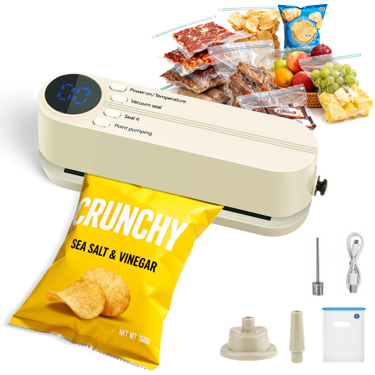 QWUE vacuum sealer mini compact on counter for easy storage.